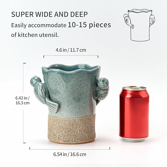 6.38“H Utensil Holder for Kitchen Counter, Modern Farmhouse Cooking Utensil Holder and Crock Home Kitchen Decor, Ceramic Utensil Organizer for Spatula, Ladle, Eggbeater, Rolling Pin- Blue and Brown - Image 2