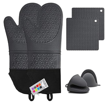 Silicone Oven Mitts and Pot Holders Sets, MTZRFLL Extra Long Heat Resistant Oven Gloves with Hot Pads and Mini Oven Mits Set for Kitchen Cooking Baking, Soft Quilted Lining, Pack of 6 (Gray) by MTZRFLL