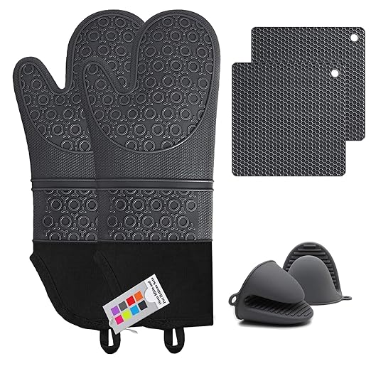 Silicone Oven Mitts and Pot Holders Sets, MTZRFLL Extra Long Heat Resistant Oven Gloves with Hot Pads and Mini Oven Mits Set for Kitchen Cooking Baking, Soft Quilted Lining, Pack of 6 (Gray) by MTZRFLL