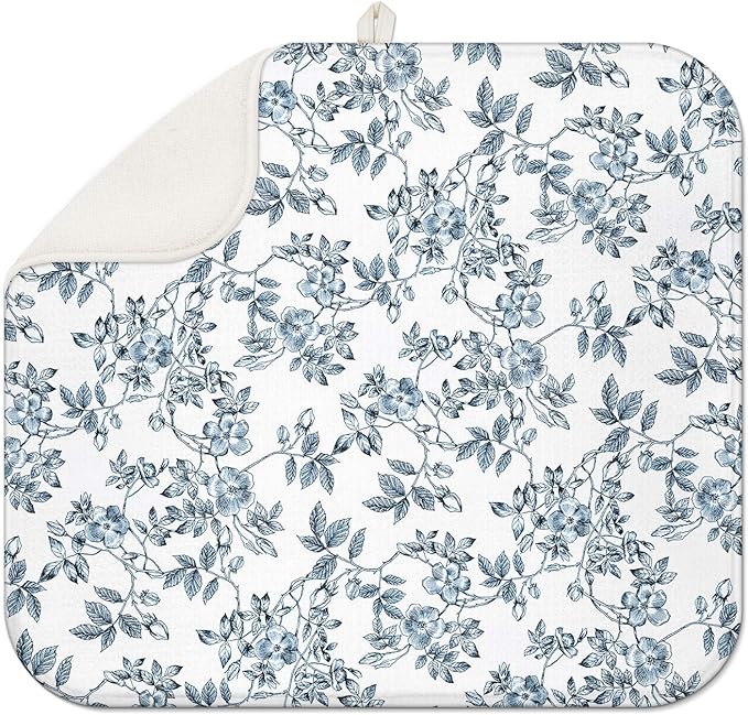 Floral Spring Small Dish Drying Mat for Kitchen Counter 16''x18''Microfiber Absorbent - Foldable, Quick-Dry, Non-Slip, Compact Plant Leaves Kitchen Drying Pad for Dishes, Countertops, and Cookware by Scritism