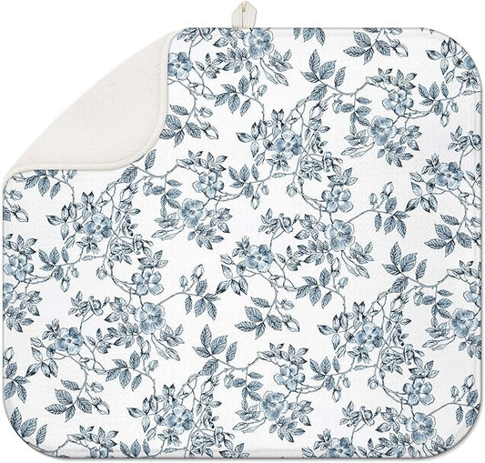 Floral Spring Small Dish Drying Mat for Kitchen Counter 16''x18''Microfiber Absorbent - Foldable, Quick-Dry, Non-Slip, Compact Plant Leaves Kitchen Drying Pad for Dishes, Countertops, and Cookware by Scritism