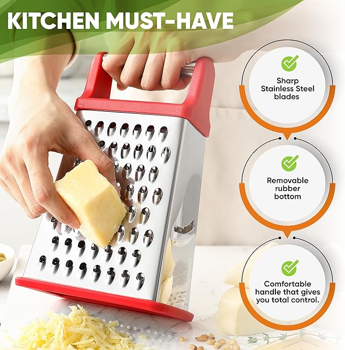 Spring Chef Professional Cheese Grater - Stainless Steel 4 Sided Box Grater for Kitchen, XL Size - Perfect Shredder for Parmesan Cheese, Carrot, Potato, Ginger - Dishwasher Safe - Red - Image 3