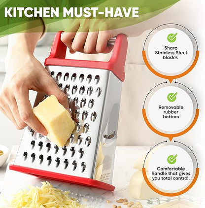 Spring Chef Professional Cheese Grater - Stainless Steel 4 Sided Box Grater for Kitchen, XL Size - Perfect Shredder for Parmesan Cheese, Carrot, Potato, Ginger - Dishwasher Safe - Red - Image 3