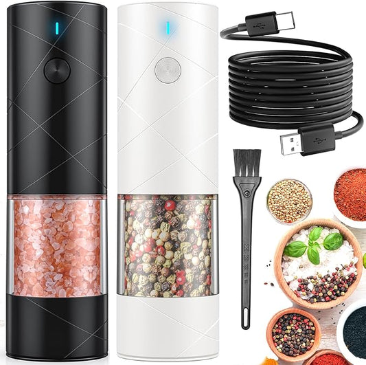 2Pack Electric Salt and Pepper Grinder Set USB Rechargeable with Warm LED Light, Adjustable Coarseness Lidaop Large Capacity Automatic Salt Pepper Mill Grinder for Kitchen, Black and White by Lidaop
