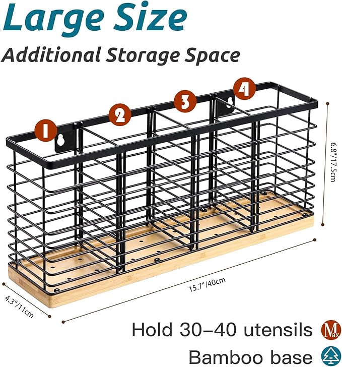 Suli Extra Large Kitchen Utensil Holder Countertop with 4 Compartments,Matte Black Metal holder with Wooden Base for Countertop,Farmhouse Utensil Organizer for counter,Rustic Cooking Utensil Organizer - Image 2