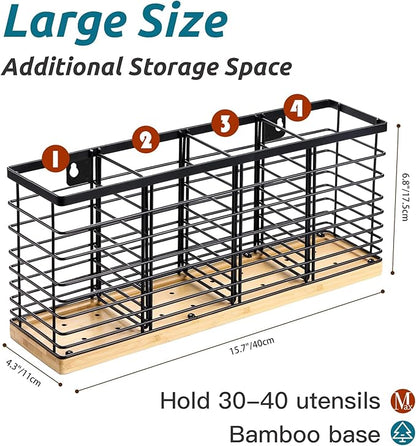 Suli Extra Large Kitchen Utensil Holder Countertop with 4 Compartments,Matte Black Metal holder with Wooden Base for Countertop,Farmhouse Utensil Organizer for counter,Rustic Cooking Utensil Organizer - Image 2