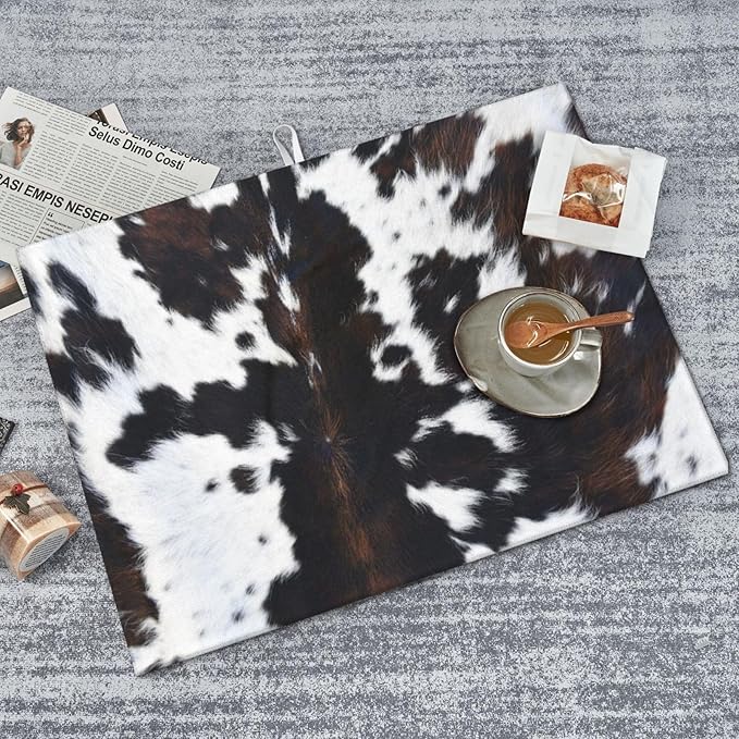 Cow Print Dish Drying Mat Animal fur Black Brown White Classic Drying Rack Pad Countertop Dishes Ultra Absorbent Microfiber Kitchen Counter Mat 18x24 Inch