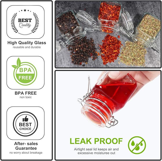 DHSBTLS 4 oz Mini Square Spice Jars, 12 Pack Glass Mason Jars with Airtight Hinged Lid, Leak Proof Storage Container for Spices, Honey, Food Bottles with Silicone Funnel and 40 Labels &Chalkboard Pen