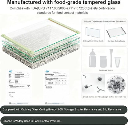 2PCS Glass Cutting Board with Silicone Grip, 80% Stronger Shatter Resistance and Slip Resistance,No Scratches/Microplastic-Free,Dishwasher Safe, Non Toxic Chopping Board for Kitchen (Green)