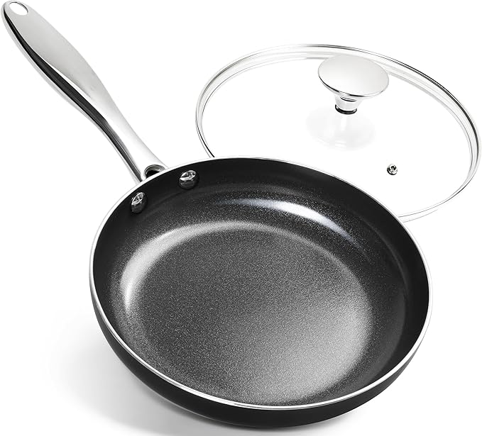 MICHELANGELO Small Frying Pan - 8 Inch Frying Pan Nonstick with Lid, Non-Toxic Ceramic Pans with Stainless Steel Handle, Nonstick Skillet, Black by Michelangelo