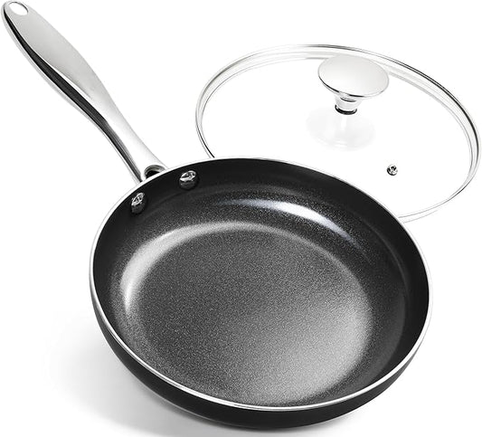 MICHELANGELO Small Frying Pan - 8 Inch Frying Pan Nonstick with Lid, Non-Toxic Ceramic Pans with Stainless Steel Handle, Nonstick Skillet, Black by Michelangelo