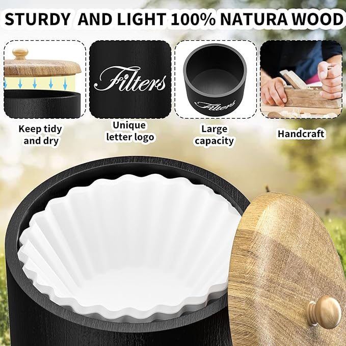 Wooden Coffee Filter Holder with Lid, Basket Storage Container for Counter, Black Small Bar Accessories for Coffee Bar Station(Black Wooden) - Image 6