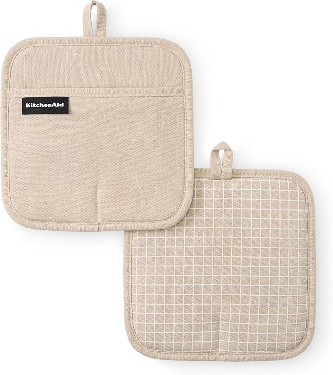 KITCHENAID Gourmet Series Gridlines Pot Holders 2-Pack Set, Heat Resistant up to 600°F, Soft Silicone Grip, Magnetic Cuff, Milkshake Tan, 8"x8" by KitchenAid