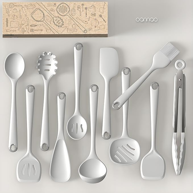 oannao Silicone Kitchen Utensils Set, 600°F Heat Resistant Silicone Cooking Utensils, Spatula, Spoon, Whisk, Tongs, Kitchen Gadgets for Nonstick Cookware, Dishwasher Safe BPA Free (Cream White) - Image 2