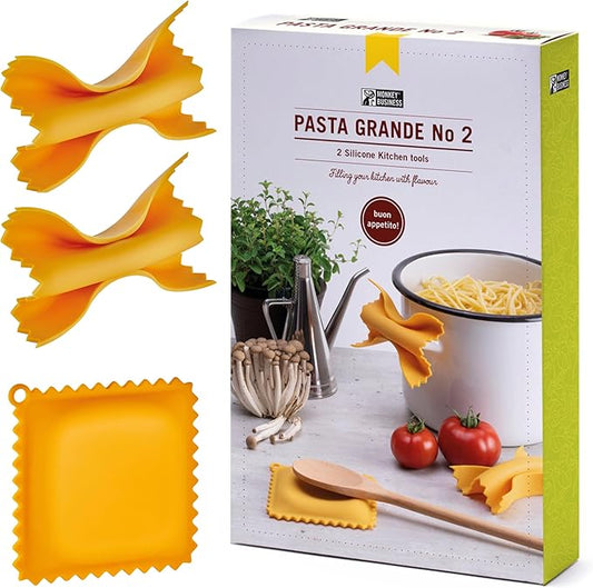 Monkey Business Pasta Shaped Silicone Kitchen Tools in a Gift Box / 2 of Our Big Pasta Shaped Kitchen Gadgets/Farfalloni Shaped Pot Grips, and Ravioli-Shaped Spoon Rest/Pasta Grande No. 2