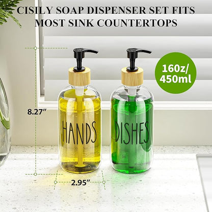 Cisily Dish Soap Dispenser Set with 2 Pack 16.9oz Clear Glass Bottle, Dish Soap Dispensers, Vintage Hand and Dish Soap Dispensers Set - Image 3