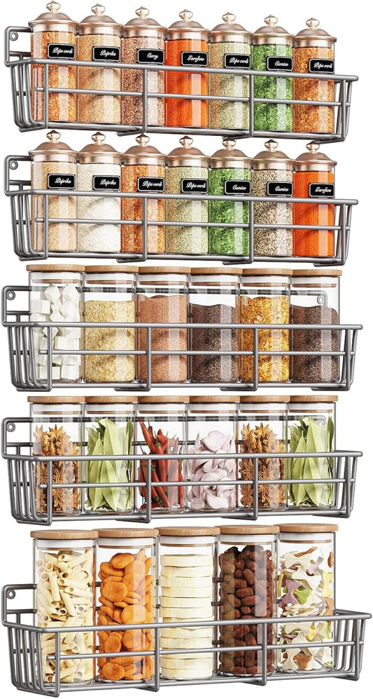 Mystozer 5 Pack Spice Rack Seasoning Organizer Wall Mount, Spice Storage Spice Rack Organizer Pantry Door Organizer Screw or Adhesive Hanging Shelf Basket Spice Organizer Shelf for Kitchen (Gray) by Mystozer
