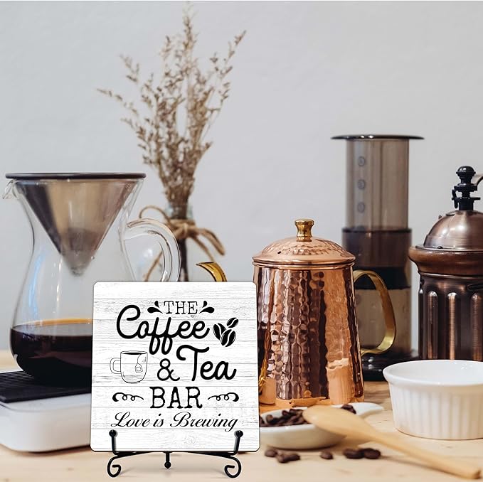 Coffee Bar Sign, Love is Brewing Farmhouse Tabletop Decor, Coffee and Tea Lover Gifts, 5x5 Wood Plaque with Iron Stand for Home Kitchen Cafe, Coffee Bar Decor – L09 - Image 7