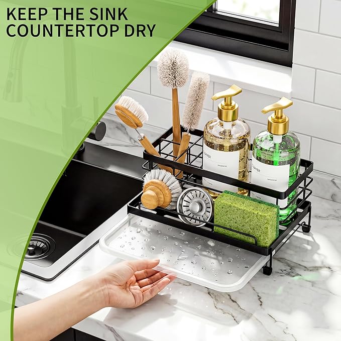 Cisily Black Sponge Holder for Kitchen, Sink Caddy Sink Organizer Rack for Kitchen Accessories with Drip Tray, Rustproof and Non-slip, Soap Dispenser Countertop Organizer Essentials for New Home - Image 4