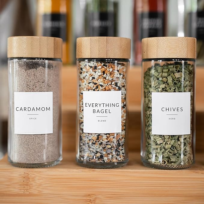 SAVVY & SORTED Glass Spice Jars with Label, 24PK Round Bamboo Jar Spices Set 4oz, 374 Spice Labels, Pepper Grinder, Empty Herb Seasoning Containers, Funnel and Shaker Lids - Image 4