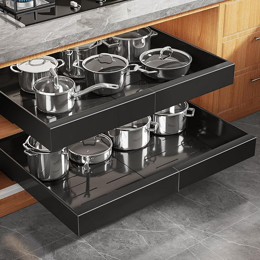 Seinloes 2 Pack Expandable Pull Out Cabinet Organizer 21"Deep With Raising Pad for Framed Cabinets,Upgrade 3 Slide Rails Slide Out Drawers,Roll Out Shelves Adhesive,Adjustable Width 15.15"-26.3" Black by Seinloes