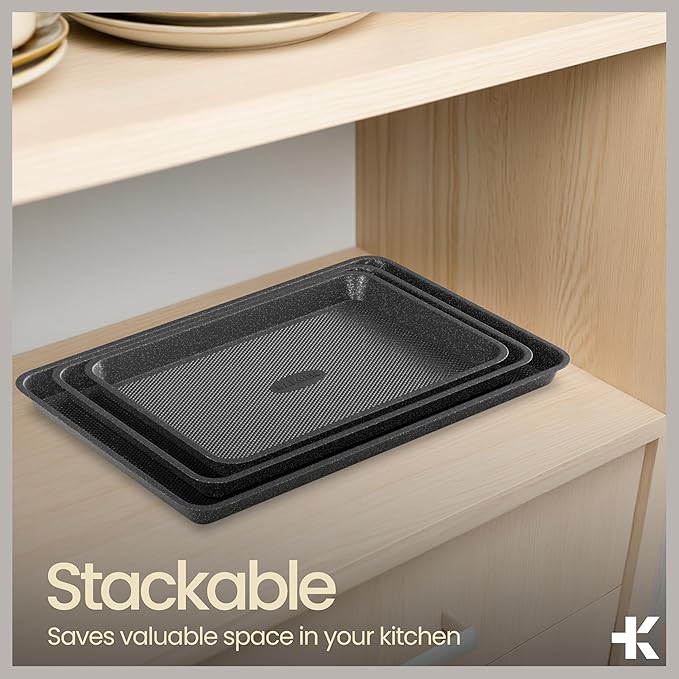 BAKKEN Kitchen Baking Pans - Nonstick Gray Coating, 13.58’’ × 9.65’’ Commercial Grade Carbon Steel Cookie Sheet, Diamond Texture Bottom, PFOA, PFOS, PTFE Free, Oven Safe Tray (450°F), Gray Marble - Image 6