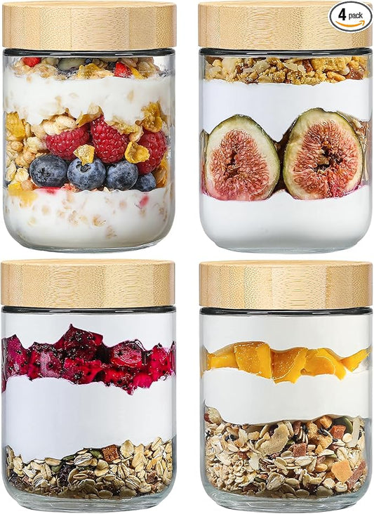 NETANY 4-pack 16oz Glass jars with Airtight Lids, Overnight Oats Containers with Bamboo Lids, Wide mouth Mason Salad jars, Glass Food Storage Containers for Snacks Yogurt Spice Sugar by NETANY