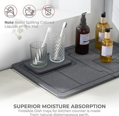 Large Stone Drying Mat for Kitchen Counter, Quick Dry Stone Dishes Mats, Stones Drying Mat for Kitchen Counter, Detachable Water Absorbing Diatomaceous Drying Mat (Dark Gray 24"×16" & 8"x4")