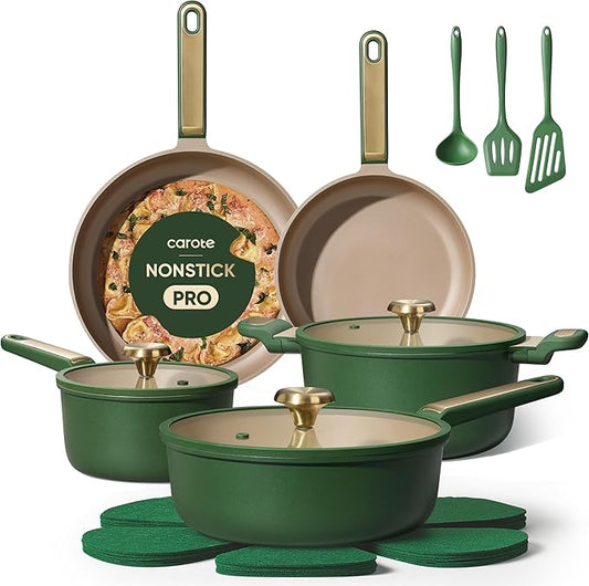 CAROTE Pots and Pans Set Non stick, Cookware Set, 16pcs NonStick Kitchen Set Induction Cookware Non-Toxic & PFOA&PFOS-Free, Dishwasher, Green by CAROTE