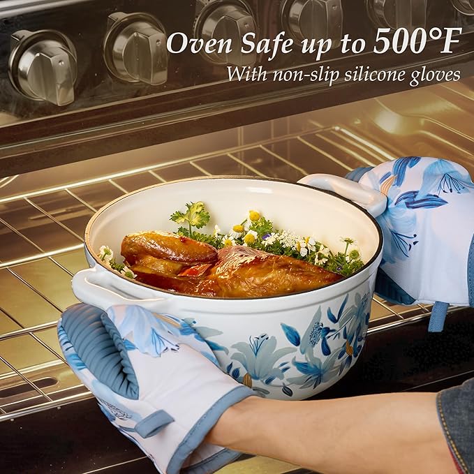 CAROTE 5 QT Cast Iron Dutch Oven Pot with Lid, Enameled Floral Dutch Ovens with Cotton Potholders & Oven Gloves, Gift Box, Cast Iron Pot for Sourdough Bread Baking, Braising, Stews, Roasting, Dual Handles, All Stovetop Compatible, Oven Safe up to 500° ... - Image 4