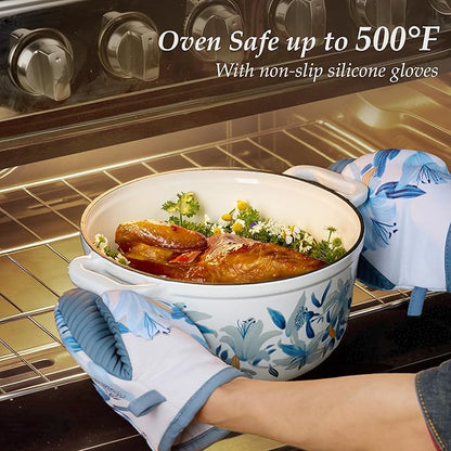 CAROTE 5 QT Cast Iron Dutch Oven Pot with Lid, Enameled Floral Dutch Ovens with Cotton Potholders & Oven Gloves, Gift Box, Cast Iron Pot for Sourdough Bread Baking, Braising, Stews, Roasting, Dual Handles, All Stovetop Compatible, Oven Safe up to 500° ... - Image 4