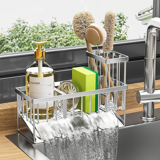 Cisily Sink Caddy Sponge Holder for Kitchen, 304 Stainless Steel Rustproof, Kitchen Sink Caddy with High Brush Holder, Dish Sponge Organizer with Divider(Silver) by CISILYHOMELIFE