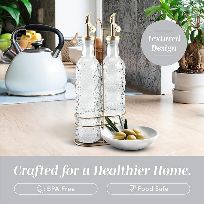 COOK WITH COLOR Glass Olive Oil Bottle Dispenser - 2 Pack- 17oz Oil and Vinegar Cruet - Olive Oil Carafe Decanter for Kitchen, Floral, Clear - Image 4