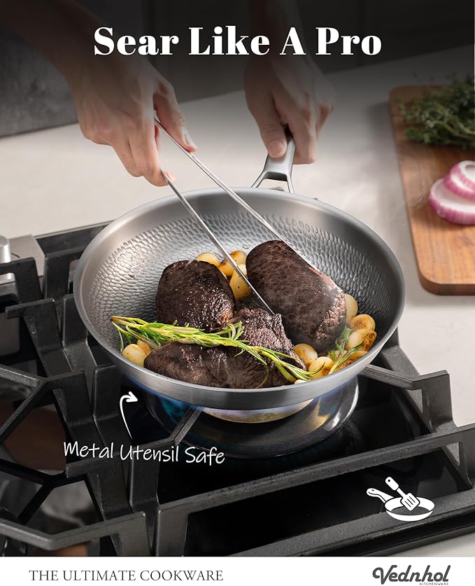 Titanium Au Gratin Pans Set 8/10/12 Inch, Pure Titanium Hammered Frying Pans with 2 Lids, Non-Toxic Skillet Cookware, PFAS/PFOA/PTFE Free, Dishwasher & Oven Safe, Induction Compatible