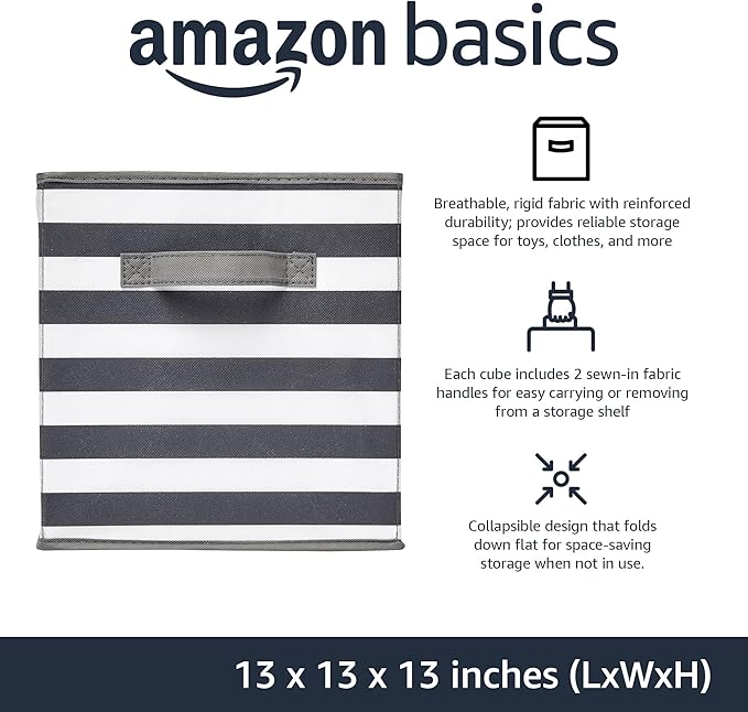 Amazon Basics Collapsible Fabric Storage Bins with Handles, Cube Organizer for Organizing, 13"x13"x13", White/Light Grey Stripe, 6-Pack - Image 2