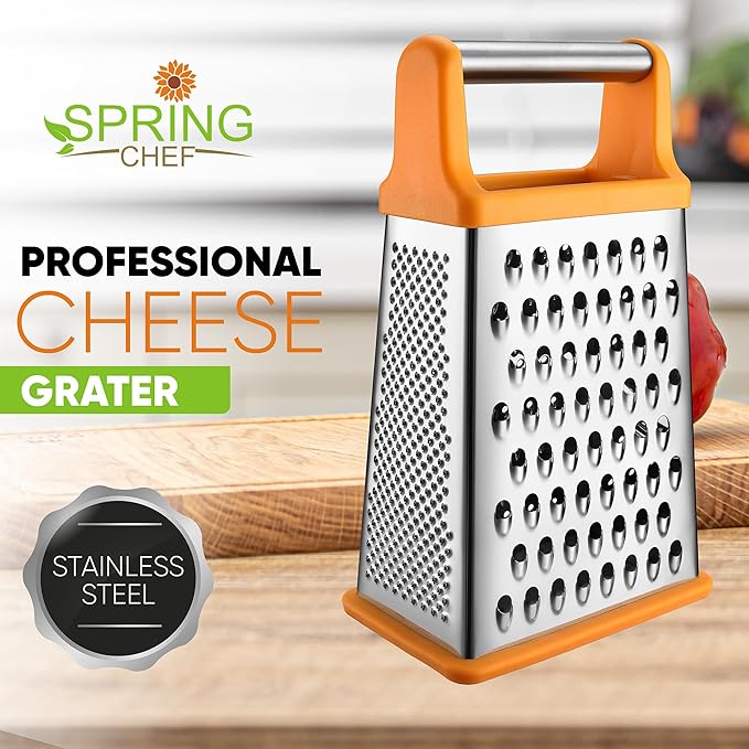 Spring Chef Handheld Stainless Steel XL Parmesan Cheese Grater with Handle - 4 Sided Manual Box Grater for Kitchen - Dishwasher Safe Cheese Shredder for Carrot, Potato, Vegetables, Hash Brown - Mango - Image 2