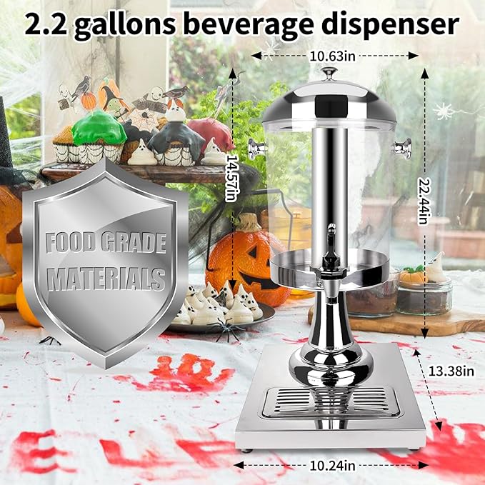 Drink Dispensers for Parties, Cold Beverage Dispenser with Centre Ice Core and Drip Trays, 2.2 Gallon/8L Stainless Steel Drink Dispensers with Stand and Spigot Buffet Cold Drinks and Beer
