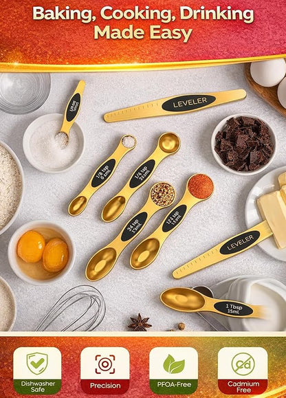 Magnetic Measuring Spoons Set with Strong N45 Magnets, Heavy Duty Stainless Steel Metal, Fits in Most Kitchen Spice Jars for Baking & Cooking, BPA Free, Multicolor, Set of 8 with Leveler(Gold) - Image 2