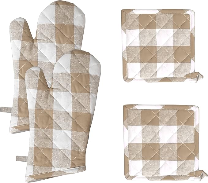 Native Fab Buffalo Plaid Check Oven Mitts and Pot Holders Set of 4, 100% Cotton Heat Resistant Kitchen Gloves, 2 Oven Mitts (7x13), 2 Pot Holders (8x8) for Cooking & Baking, Beige White by NativeFab