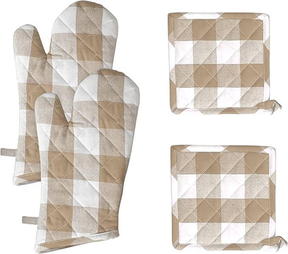 Native Fab Buffalo Plaid Check Oven Mitts and Pot Holders Set of 4, 100% Cotton Heat Resistant Kitchen Gloves, 2 Oven Mitts (7x13), 2 Pot Holders (8x8) for Cooking & Baking, Beige White by NativeFab