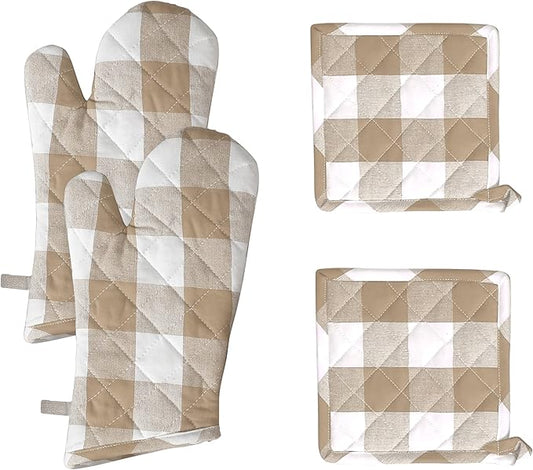 Native Fab Buffalo Plaid Check Oven Mitts and Pot Holders Set of 4, 100% Cotton Heat Resistant Kitchen Gloves, 2 Oven Mitts (7x13), 2 Pot Holders (8x8) for Cooking & Baking, Beige White by NativeFab