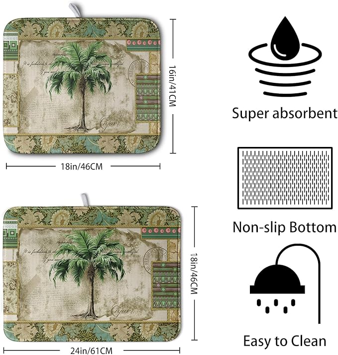 Palm Tree Kitchen Dish Drying Mat for Dishes 18x24 Inch Summer Vintage Tropical Leaves Green Jungle Plant Drying Mat Botanical Dish Drainer Mat Super Absorbent Dish Rack Pad for Coffee Bar Sinks - Image 2