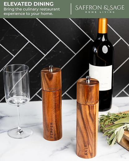 Saffron & Sage Premium Acacia Wood Salt and Pepper Grinder Set of 2-8” Tall Salt and Peppercorn Mill with Adjustable Coarse Settings, Rust Resistant, Smooth and Quality Grinding Mechanism
