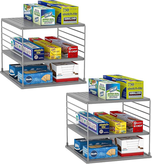 2 PACK Cabinet Organizer- Divided Compartment Holder for Foil and Plastic Wrap- Upgraded Pantry Organizers and Storage for Kitchen(Gray)