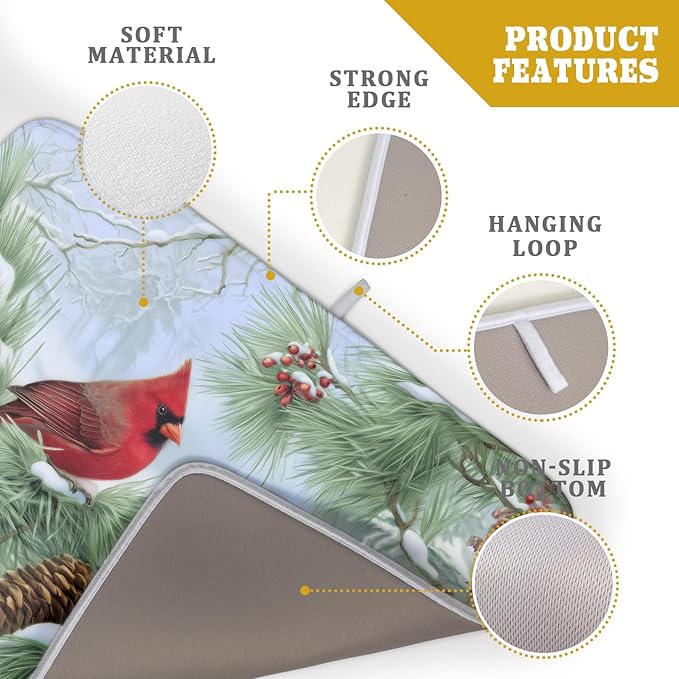 Winter Dish Drying Mat for Kitchen Counter Cardinal Birds Pine Trees Festival Microfiber Absorbent Dish Draining Reusable Washable Foldable Extra Large 18"x24" - Image 4