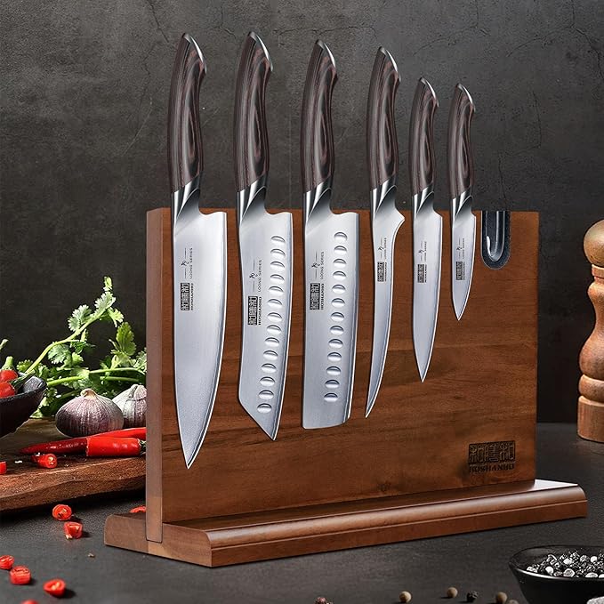 HOSHANHO 7 Pieces Kitchen Knife Set, Japanese High Carbon Stainless Steel Magnetic Knife Block Set, Ultra Sharp Chef Knives Sets with Ergonomic Pakkawood Handle - Image 7