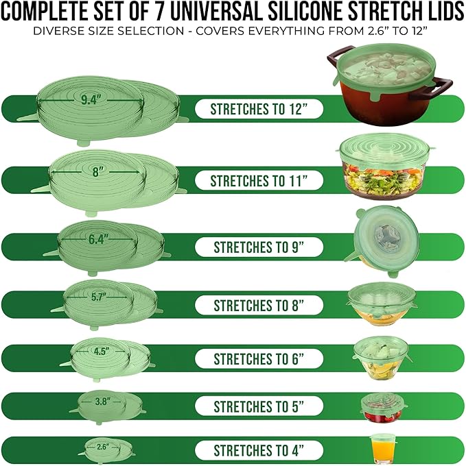 Reusable Silicone Stretch Lids for Food Storage in Fridge - Elastic Heat-Resistant Bowl Covers, Cups, Cans, Jars - Universal Food Grade Lid for Containers - 7 Pack - Light Green Stretchy Lid Set - Image 2