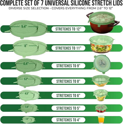 Reusable Silicone Stretch Lids for Food Storage in Fridge - Elastic Heat-Resistant Bowl Covers, Cups, Cans, Jars - Universal Food Grade Lid for Containers - 7 Pack - Light Green Stretchy Lid Set - Image 2