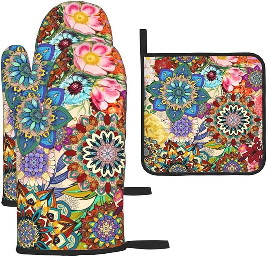 Boho Floral Oven Mitts and Pot Holders Sets, Heat Resistant Colorful Kitchen Gloves Hot Pads, Cute Baker Stuff, Chef Cooking Baking Gifts for Women Bakers, Kitchen Gifts for Cooking Lover Cooks Mom by Unknown