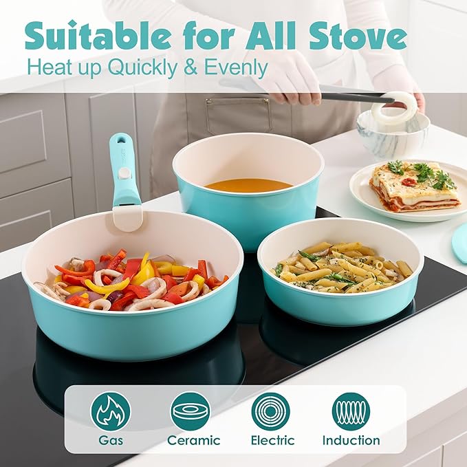 SENSARTE 17 Piece Ceramic Pots and Pans Set, Nonstick Detachable Handle Cookware, Induction Kitchen Cookware Set with Removable Handle, Dishwasher ＆ Oven Safe (Turquoise) - Image 6